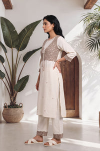 Off White Lace Cotton Flax Straight Kurta with Palazzo Set