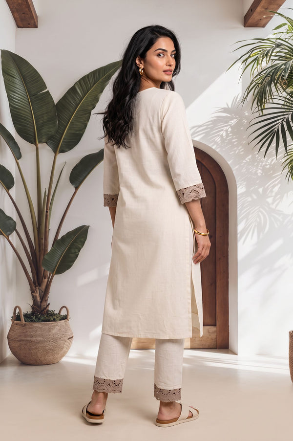 Off White Lace Cotton Flax Straight Kurta with Palazzo Set