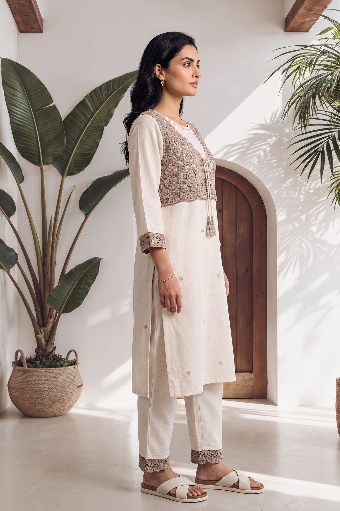 Off White Lace Cotton Flax Straight Kurta with Palazzo Set