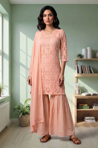 Peach Lace Pure Cotton Straight Kurta with Sharara and Dupatta Set
