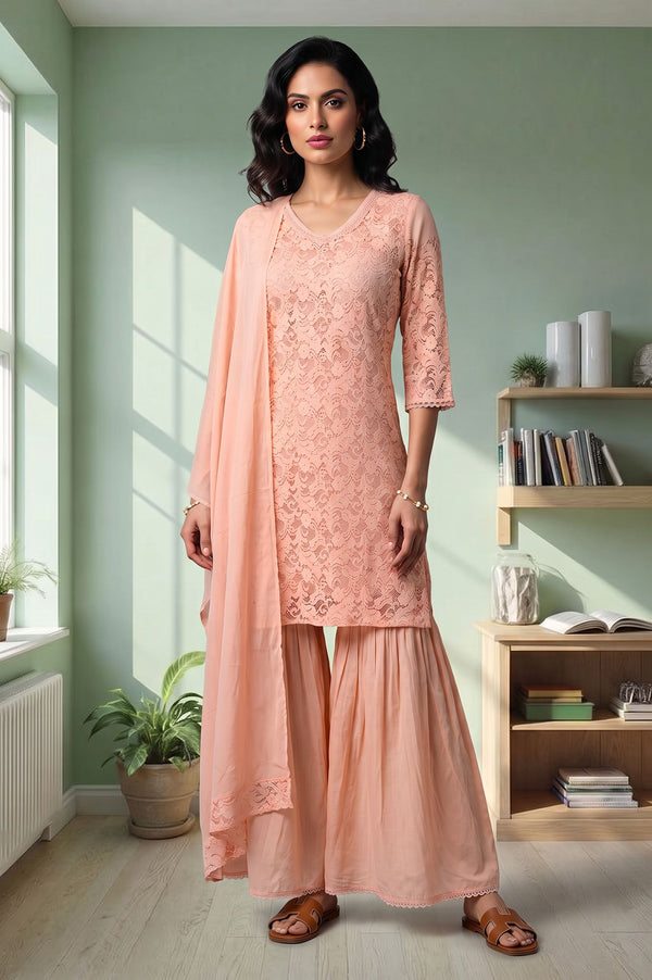 Peach Lace Pure Cotton Straight Kurta with Sharara and Dupatta Set