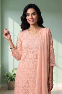 Peach Lace Pure Cotton Straight Kurta with Sharara and Dupatta Set