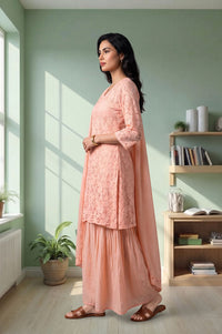 Peach Lace Pure Cotton Straight Kurta with Sharara and Dupatta Set