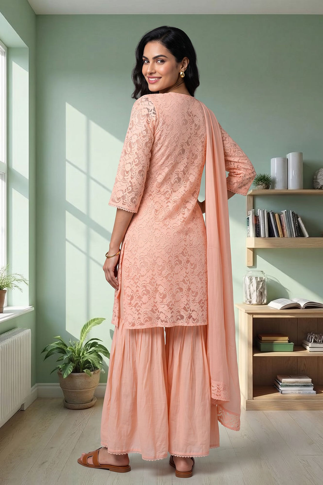 Peach Lace Pure Cotton Straight Kurta with Sharara and Dupatta Set