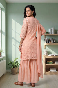 Peach Lace Pure Cotton Straight Kurta with Sharara and Dupatta Set