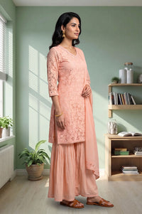 Peach Lace Pure Cotton Straight Kurta with Sharara and Dupatta Set