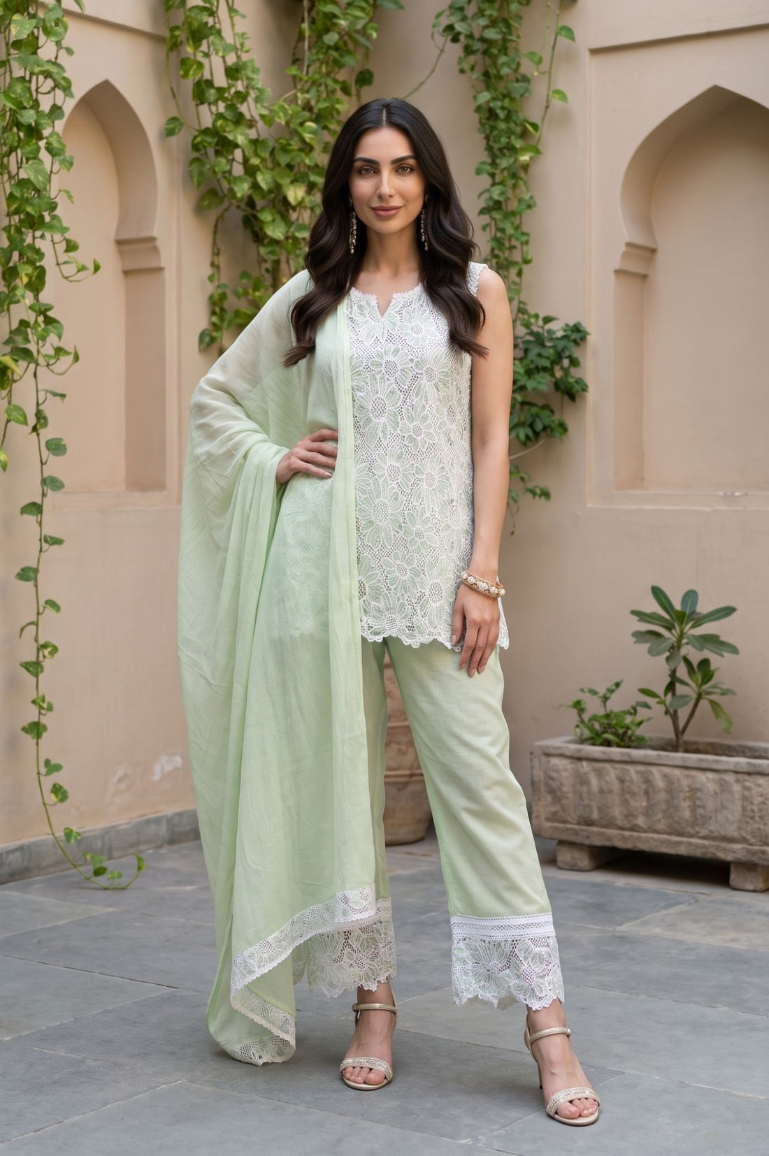 Mint Green Floral Schiffli Embroidered Pure Cotton Straight Top with Palazzo &amp; Dupatta Set