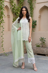 Mint Green Floral Schiffli Embroidered Pure Cotton Straight Top with Palazzo &amp; Dupatta Set