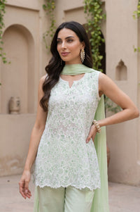 Mint Green Floral Schiffli Embroidered Pure Cotton Straight Top with Palazzo &amp; Dupatta Set