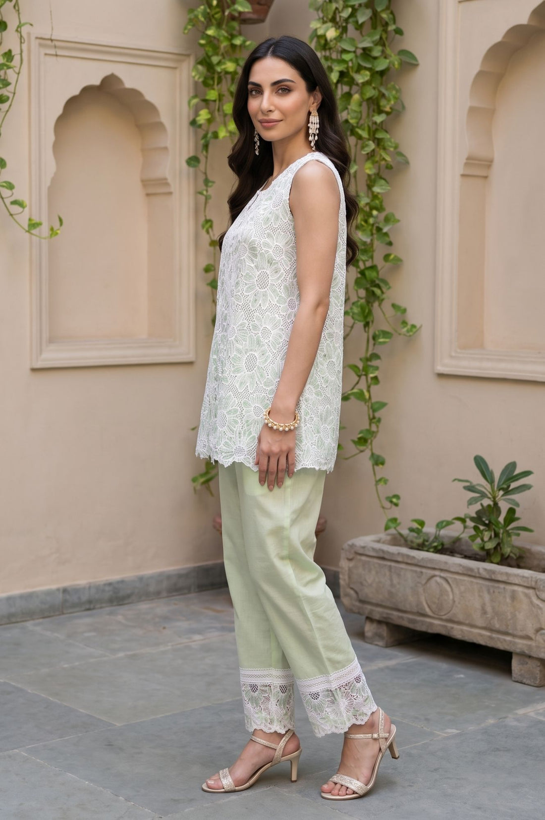 Mint Green Floral Schiffli Embroidered Pure Cotton Straight Top with Palazzo &amp; Dupatta Set