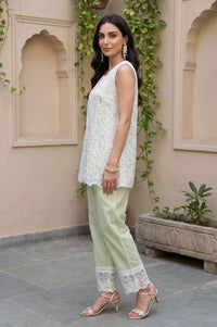 Mint Green Floral Schiffli Embroidered Pure Cotton Straight Top with Palazzo &amp; Dupatta Set