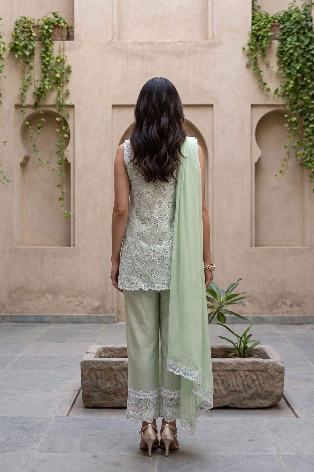 Mint Green Floral Schiffli Embroidered Pure Cotton Straight Top with Palazzo &amp; Dupatta Set