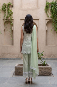 Mint Green Floral Schiffli Embroidered Pure Cotton Straight Top with Palazzo &amp; Dupatta Set
