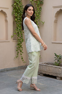 Mint Green Floral Schiffli Embroidered Pure Cotton Straight Top with Palazzo &amp; Dupatta Set