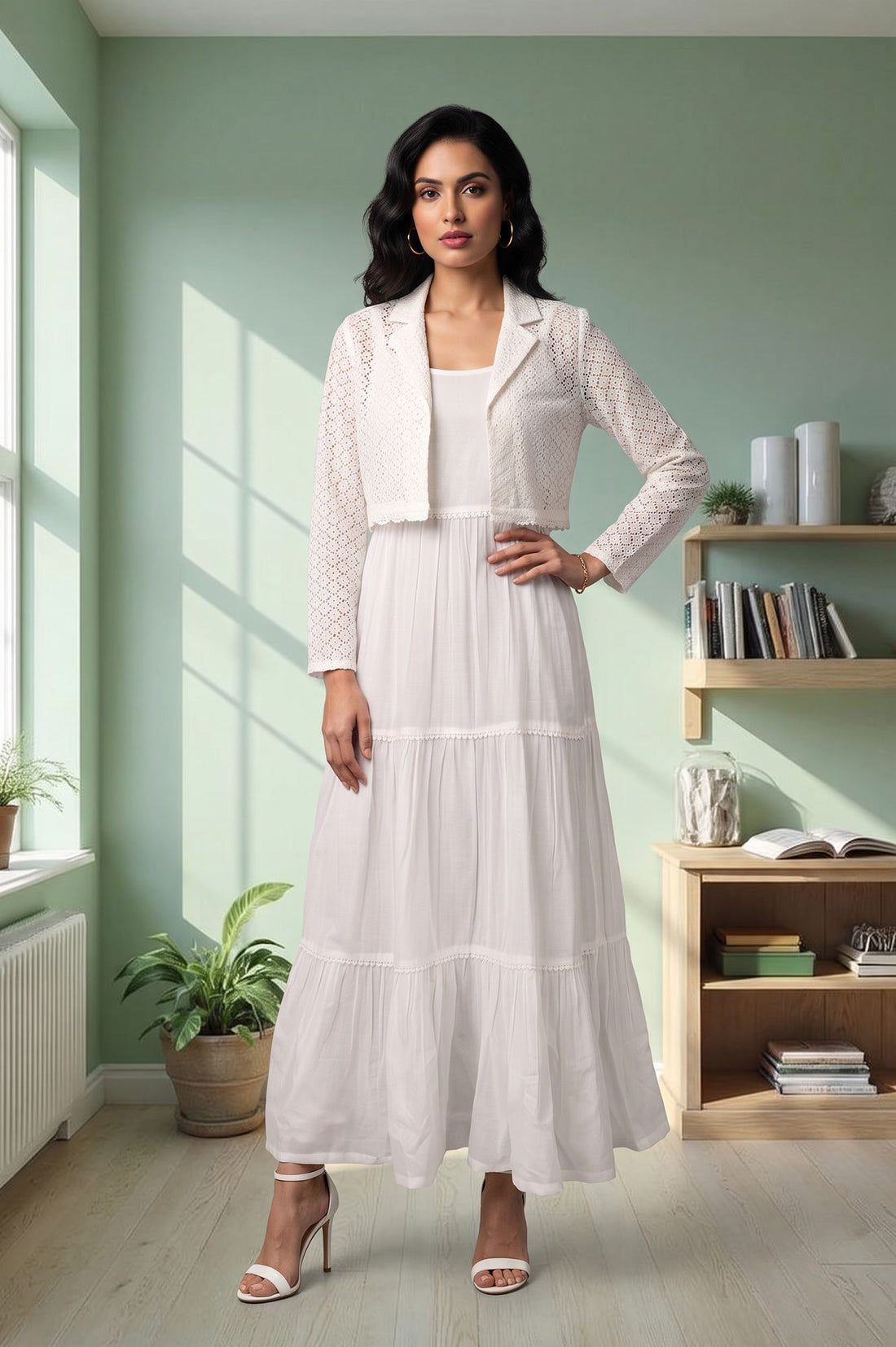 White Pure Cotton Flared Dress with Schiffli Shrug