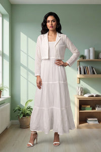 White Pure Cotton Flared Dress with Schiffli Shrug