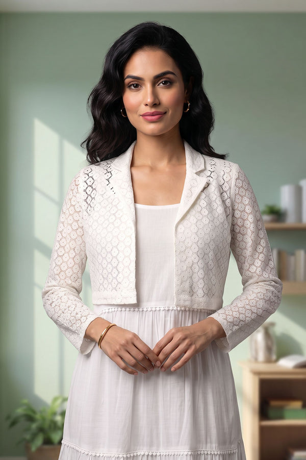 White Pure Cotton Flared Dress with Schiffli Shrug