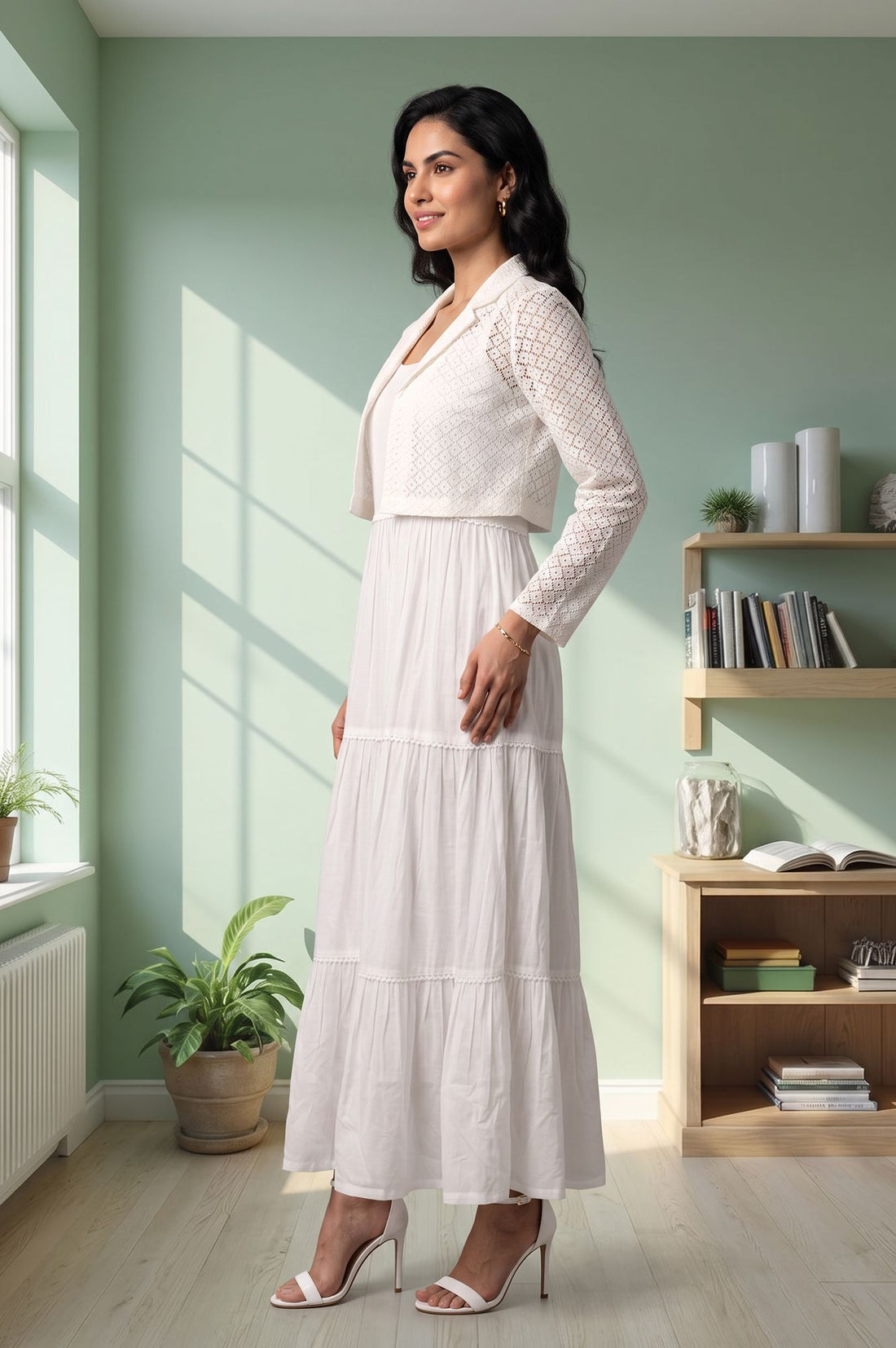 White Pure Cotton Flared Dress with Schiffli Shrug