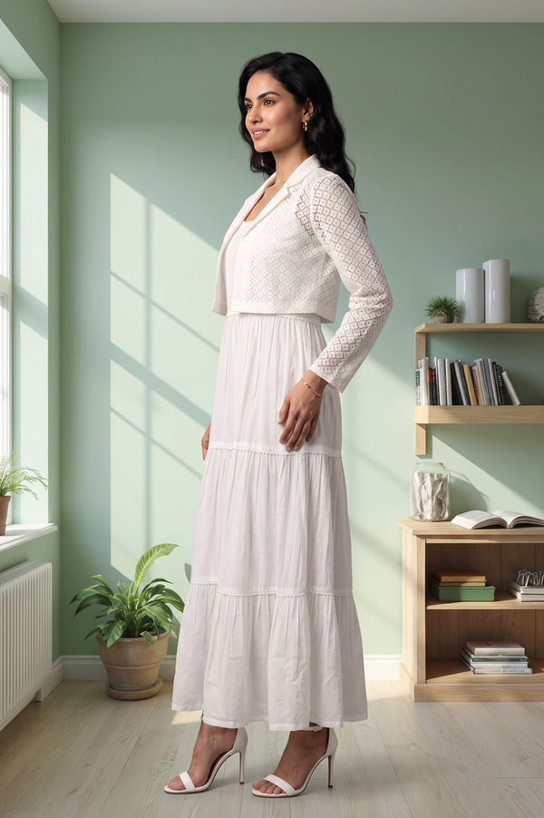 White Pure Cotton Flared Dress with Schiffli Shrug