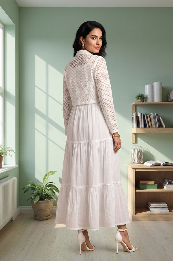 White Pure Cotton Flared Dress with Schiffli Shrug