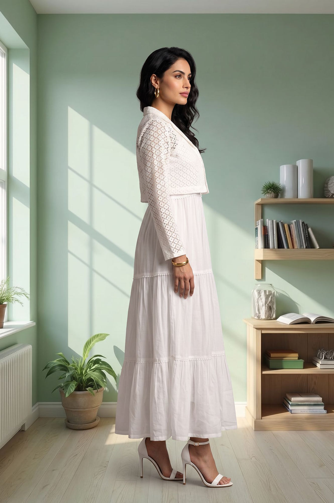 White Pure Cotton Flared Dress with Schiffli Shrug