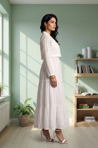 White Pure Cotton Flared Dress with Schiffli Shrug