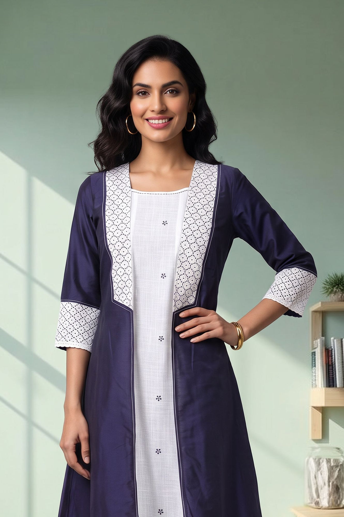 Navy Blue Pure Cotton Flared Dress with Jacket