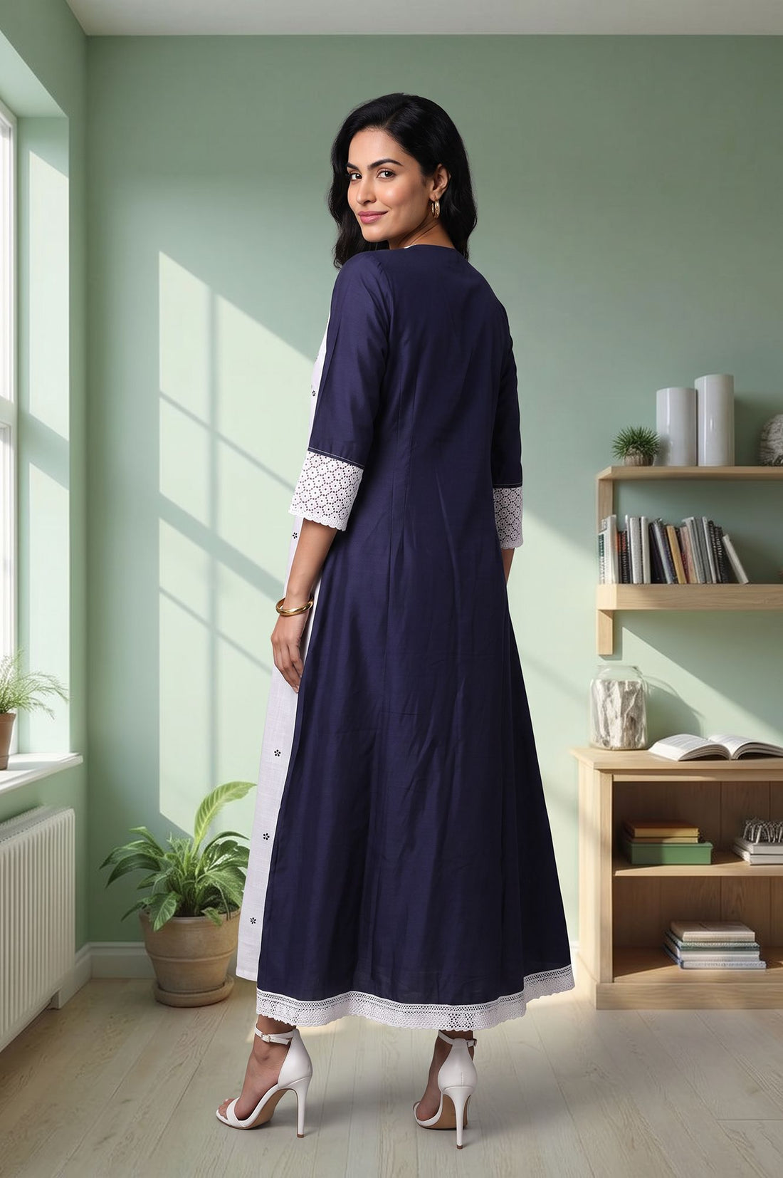 Navy Blue Pure Cotton Flared Dress with Jacket