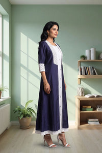 Navy Blue Pure Cotton Flared Dress with Jacket