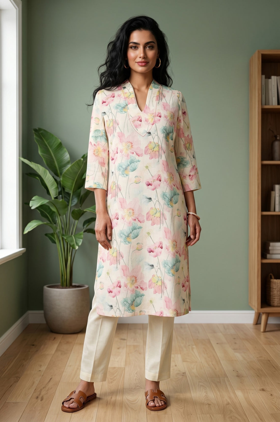 Cream Floral Printed Cotton Straight Kurta And Pants Co-ord Set