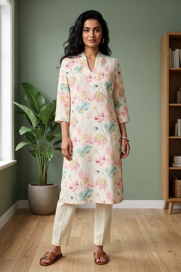 Cream Floral Printed Cotton Straight Kurta And Pants Co-ord Set