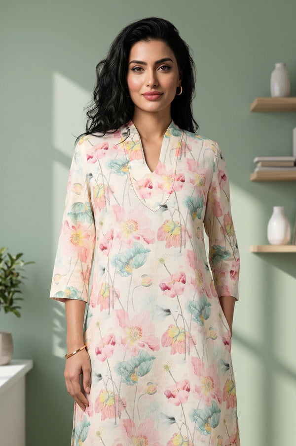 Cream Floral Printed Cotton Straight Kurta And Pants Co-ord Set