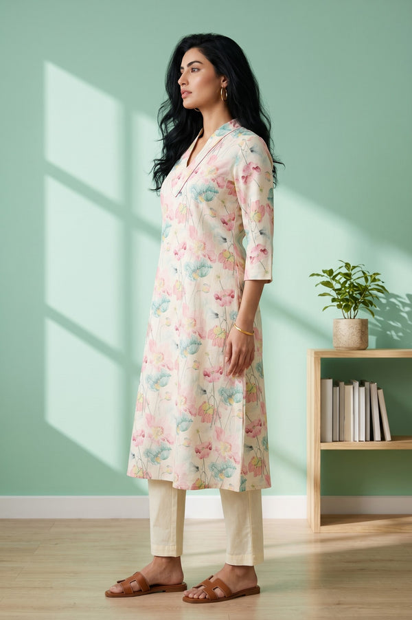 Cream Floral Printed Cotton Straight Kurta And Pants Co-ord Set