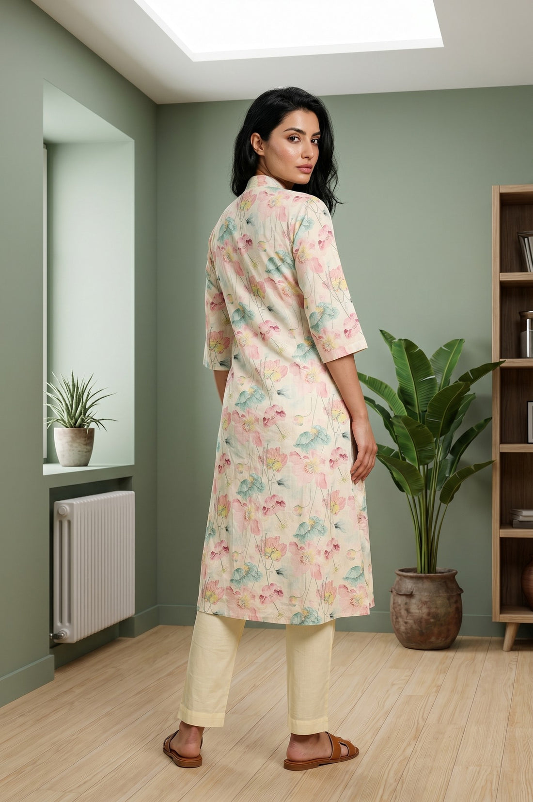 Cream Floral Printed Cotton Straight Kurta And Pants Co-ord Set