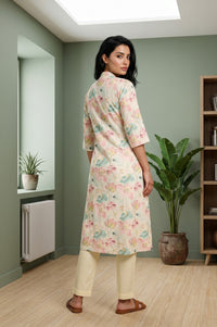Cream Floral Printed Cotton Straight Kurta And Pants Co-ord Set