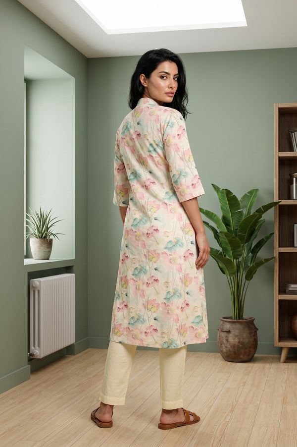 Cream Floral Printed Cotton Straight Kurta And Pants Co-ord Set
