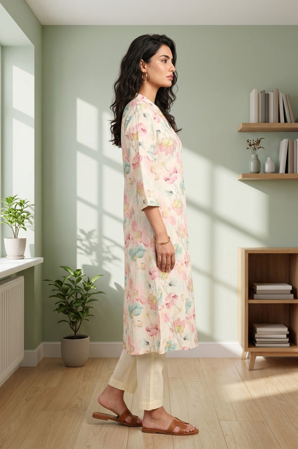 Cream Floral Printed Cotton Straight Kurta And Pants Co-ord Set