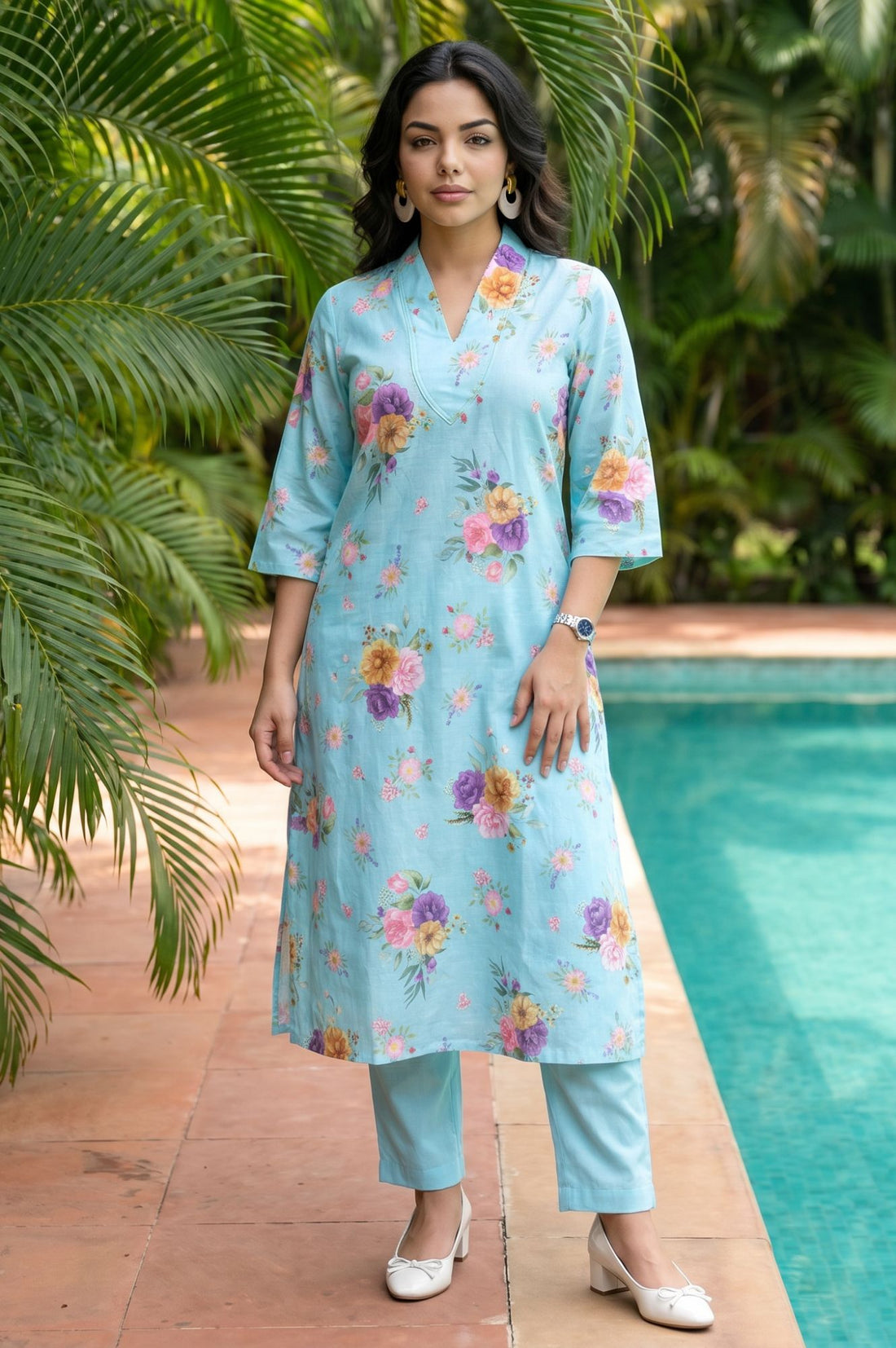 Blue Floral Printed Pure Cotton Straight Kurta with Pants Co-ord Set