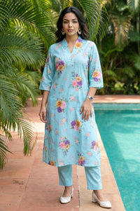Blue Floral Printed Pure Cotton Straight Kurta with Pants Co-ord Set
