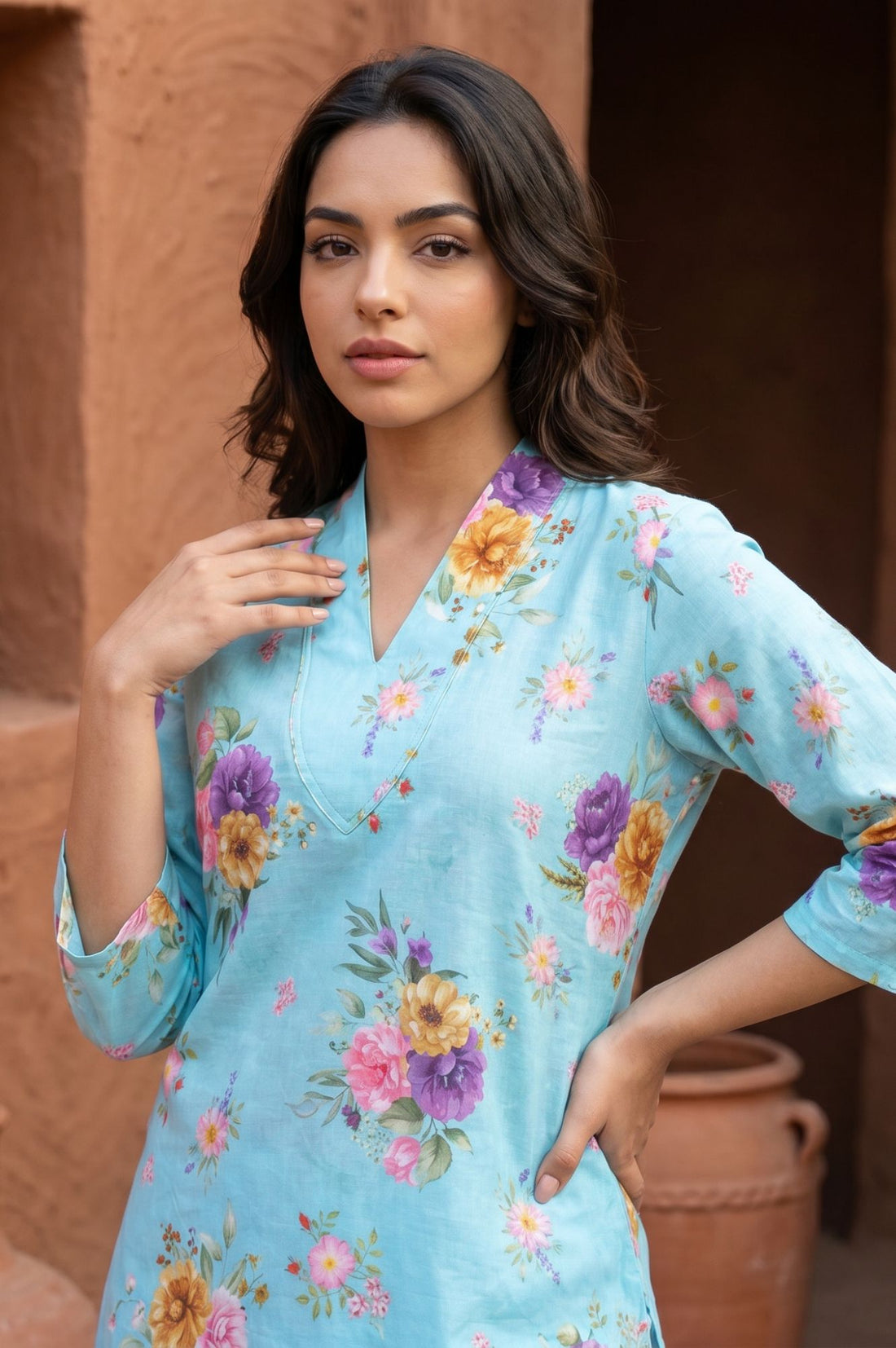 Blue Floral Printed Pure Cotton Straight Kurta with Pants Co-ord Set