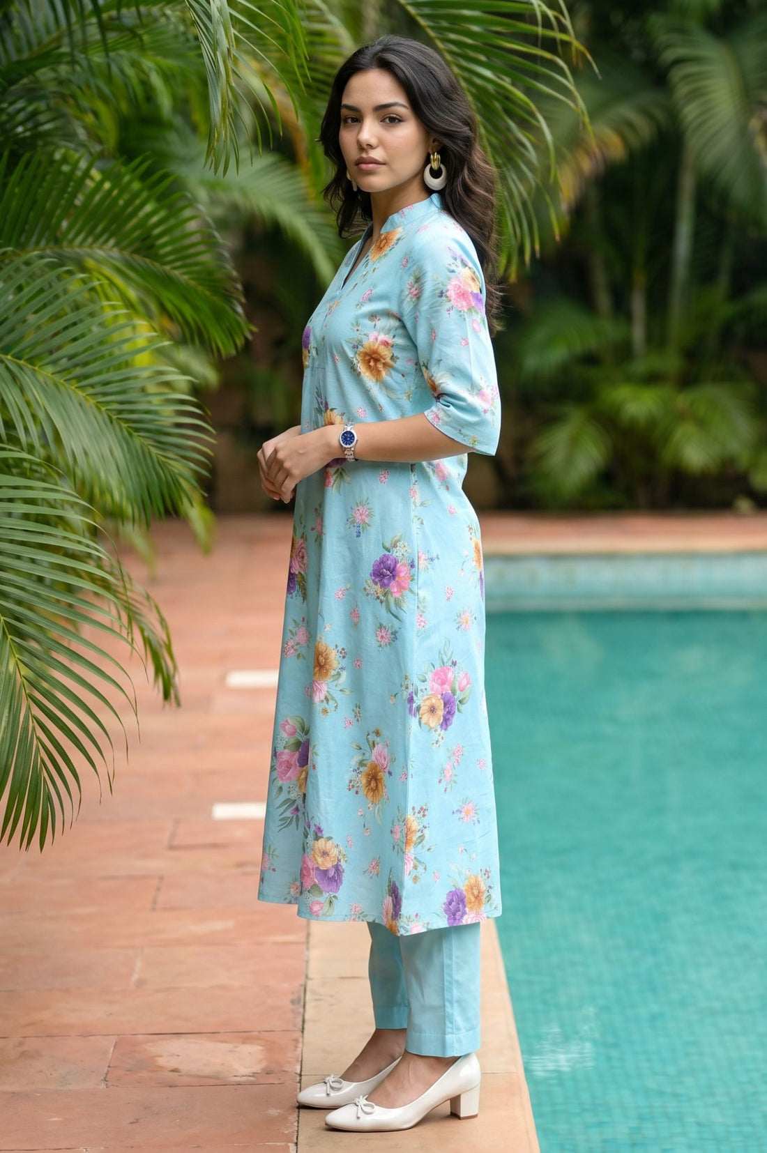 Blue Floral Printed Pure Cotton Straight Kurta with Pants Co-ord Set