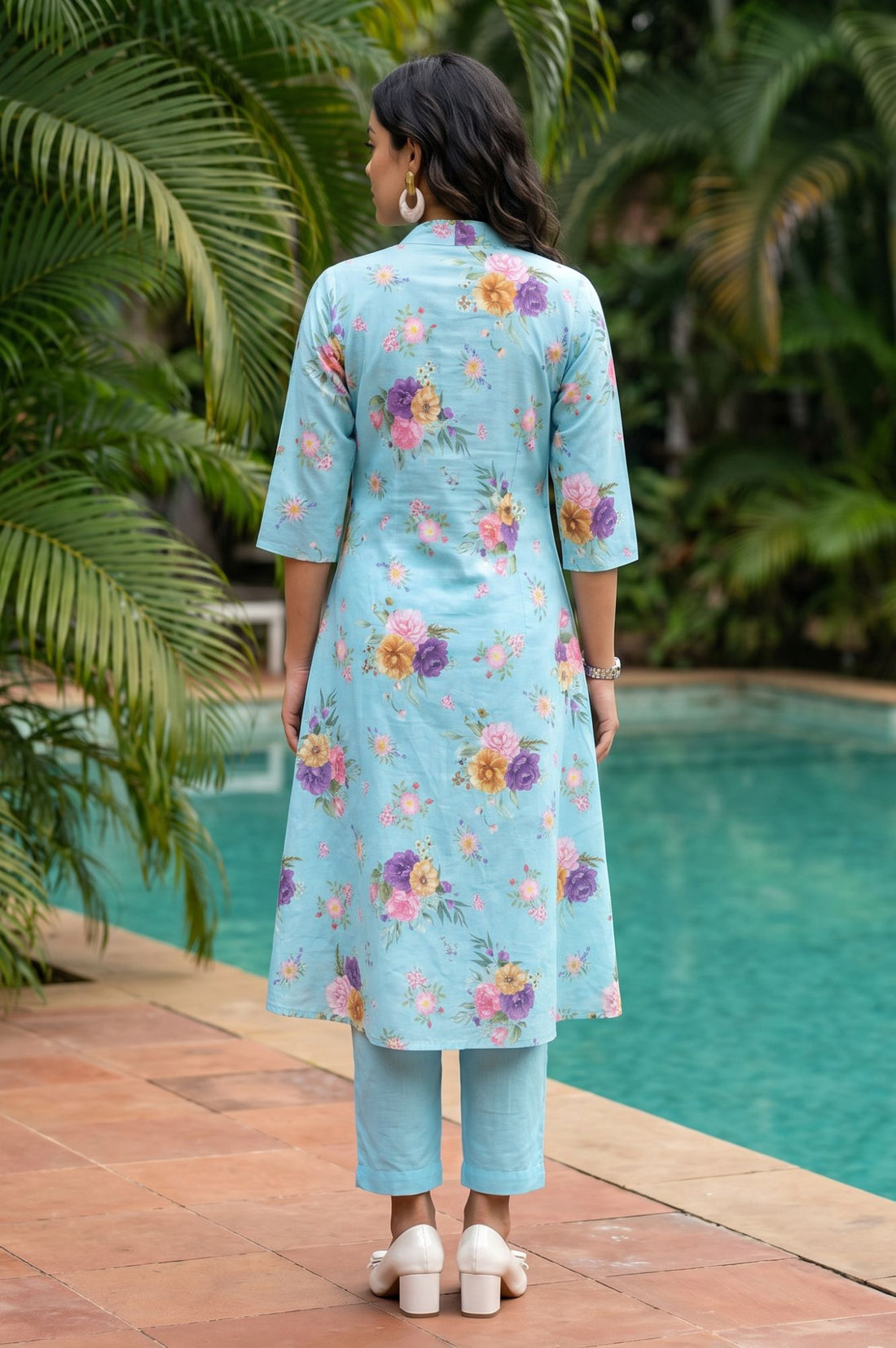Blue Floral Printed Pure Cotton Straight Kurta with Pants Co-ord Set