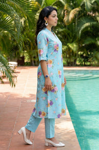 Blue Floral Printed Pure Cotton Straight Kurta with Pants Co-ord Set