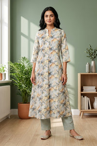 Off White Botanical Printed Pure Cotton Straight Kurta and Pants Co-ord Set