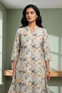Off White Botanical Printed Pure Cotton Straight Kurta and Pants Co-ord Set