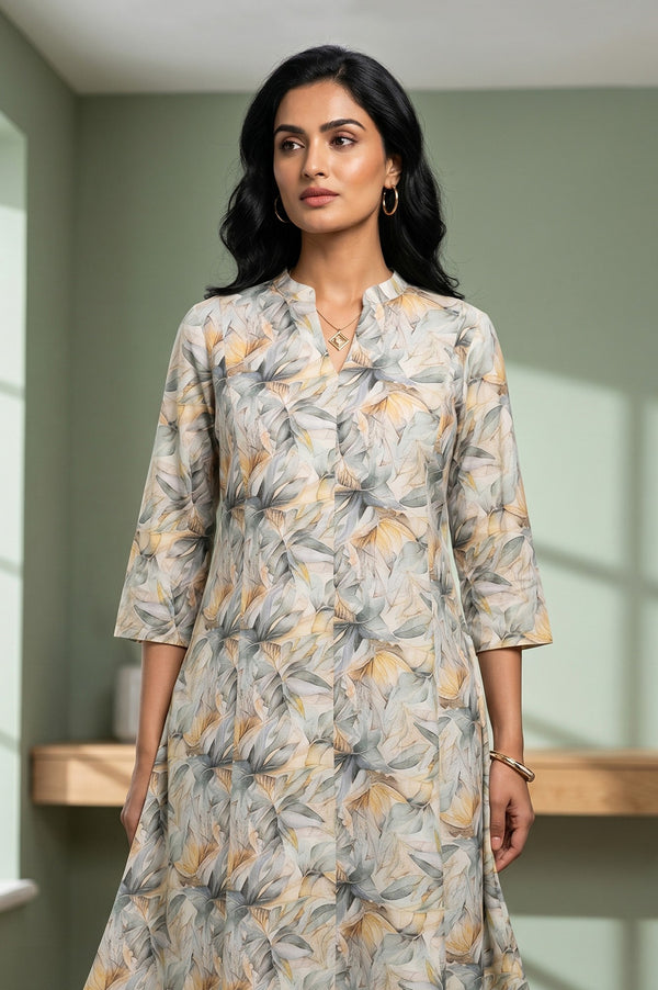 Off White Botanical Printed Pure Cotton Straight Kurta and Pants Co-ord Set