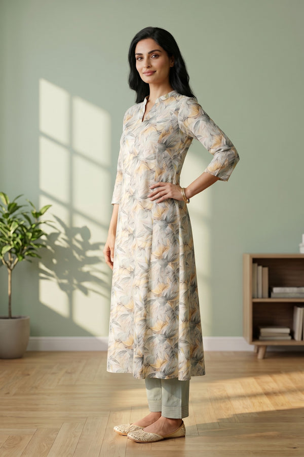 Off White Botanical Printed Pure Cotton Straight Kurta and Pants Co-ord Set