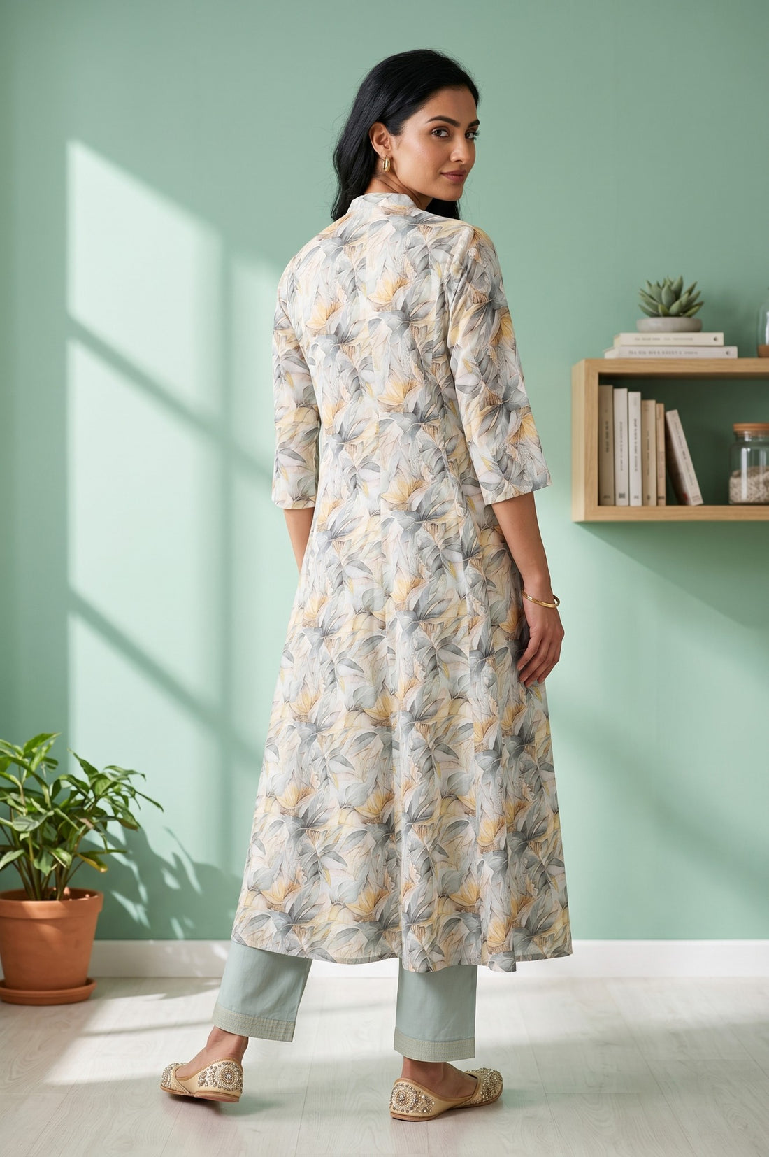 Off White Botanical Printed Pure Cotton Straight Kurta and Pants Co-ord Set