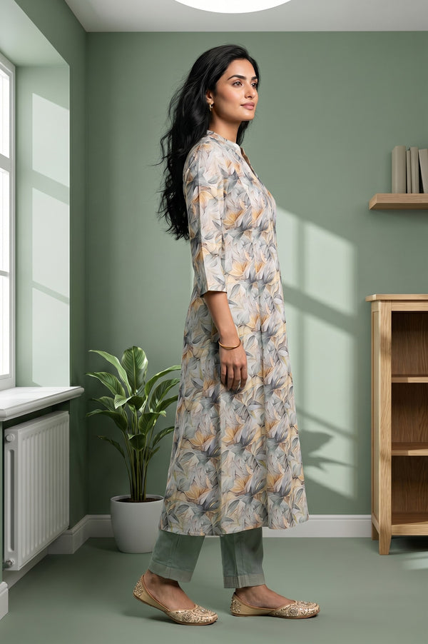 Off White Botanical Printed Pure Cotton Straight Kurta and Pants Co-ord Set