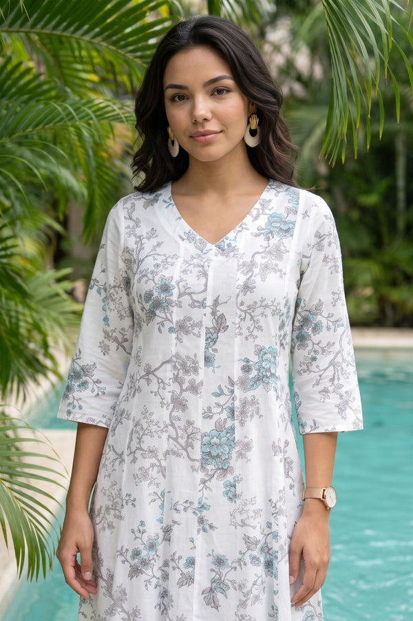 White Floral Printed Pure Cotton A-line Kurta with Pants Set